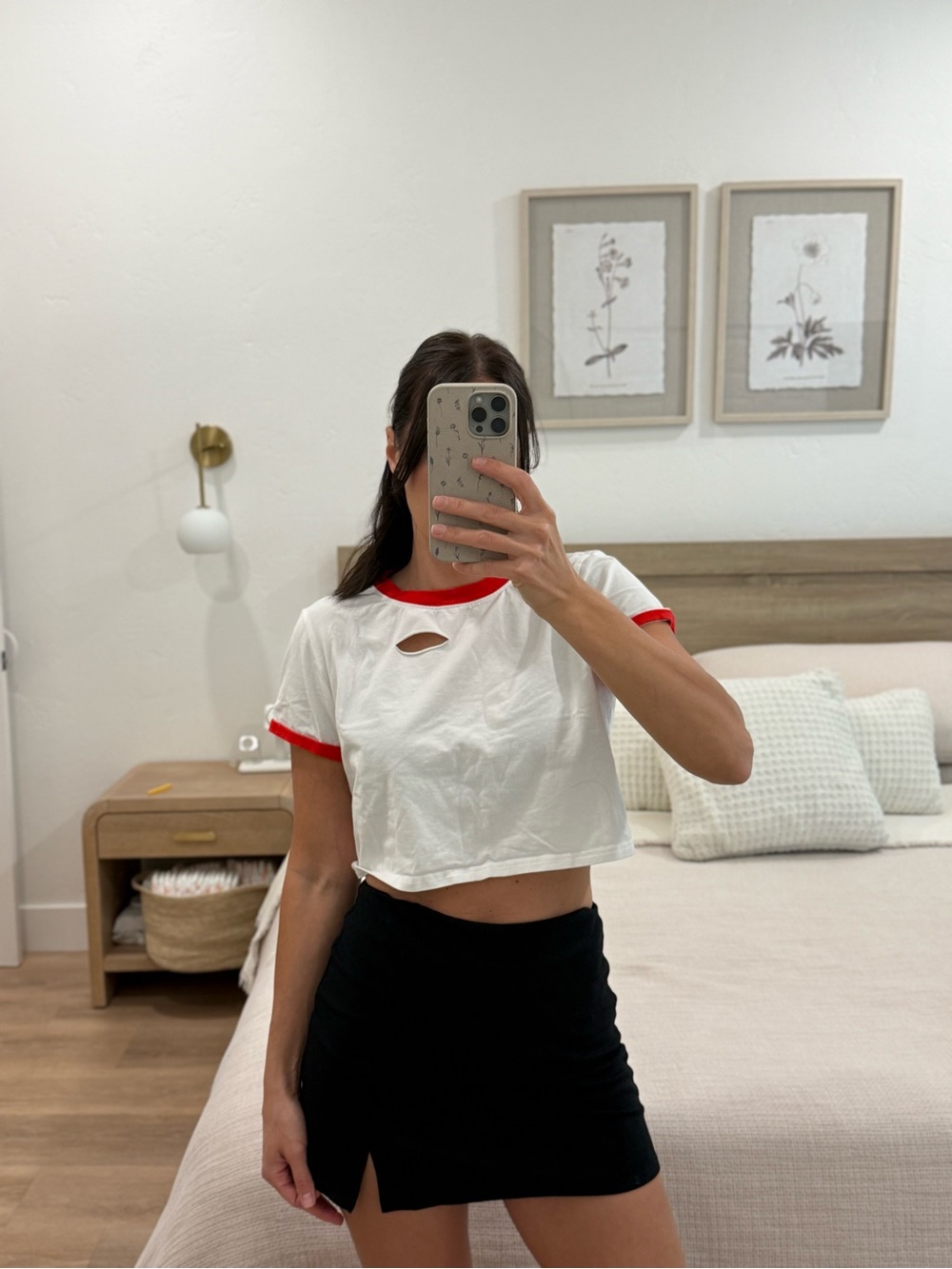 White Crop Ringer Tee with Red Trim - Women